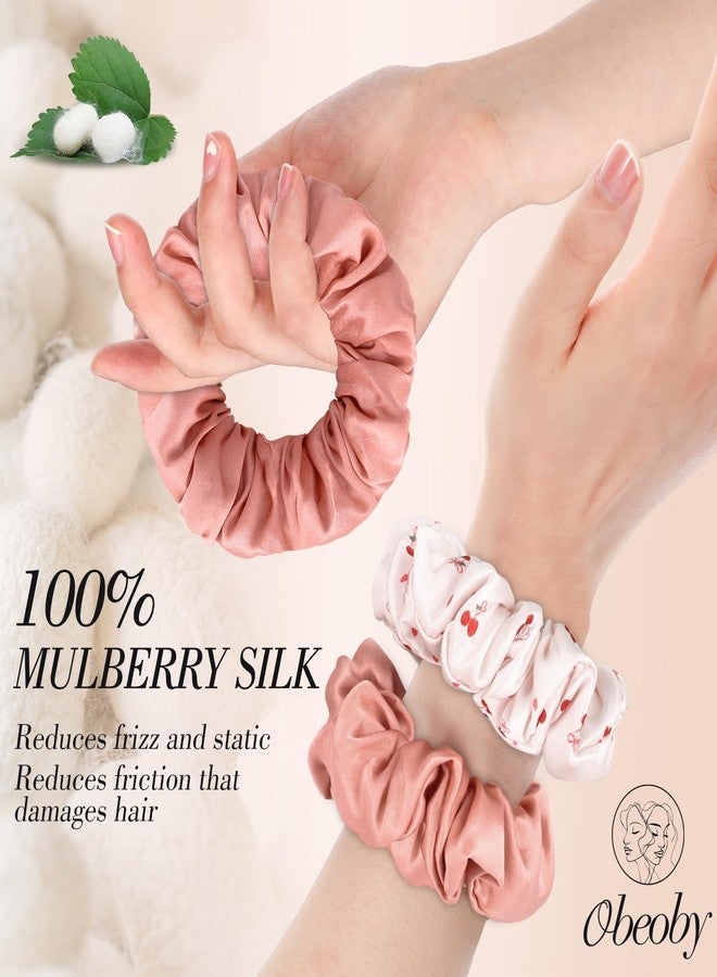 obeoby 4Pcs Mulberry Silk Hair Scrunchies, Cherry Pink Silk Hair Ties for Hair Sleep Frizz Breakage Valentine's Galentines Day Gifts - Image 2